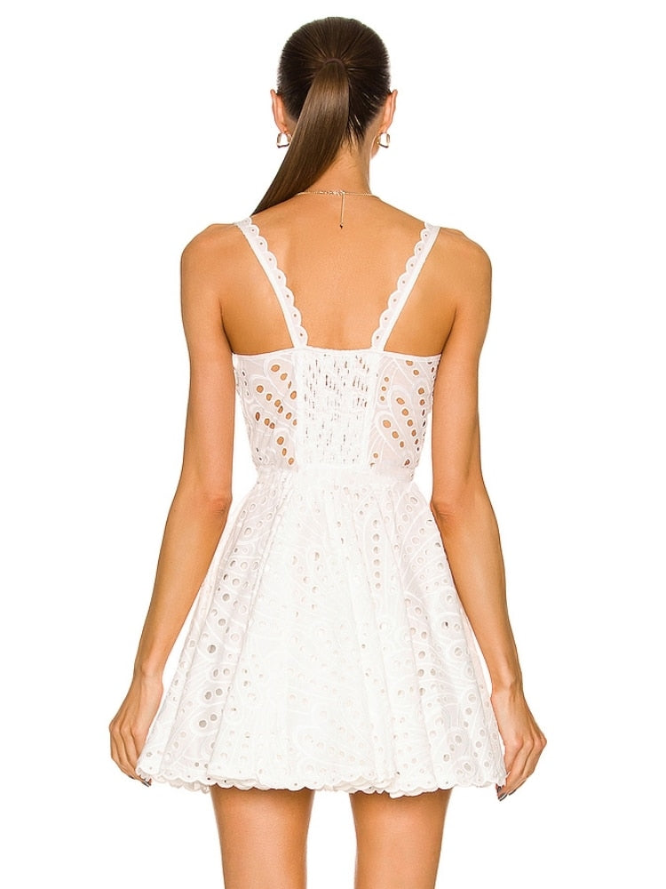 Summer Sexy Sleeveless Embroidery Hollow Out Mini Dress Women White Lace Straps High Waist  A-Line Dress Party Evening Sundress