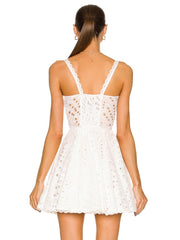 Summer Sexy Sleeveless Embroidery Hollow Out Mini Dress Women White Lace Straps High Waist  A-Line Dress Party Evening Sundress