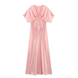 V-neck Flare Sleeve Party Dress Simple All-match Solid Color Satin Long Dress New High Waist Fashion Chic Femme Vestidos