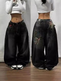 Pbong  American New Fashion Letter Embroidery Stitching Old Baggy Jeans Women Y2K Harajuku  Popular High Waist Wide Leg Trousers