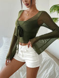 Pbong  T-Shirt For Spring  Fall Women's Clothing Solid Color V-neck Ruched T-Shirt Elegant Flare Sleeve Tie Front