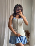 2025 New Vintage Stripe Patchwork Short Dress Fashion Pleated Slip Dress A-line Chic Single Breasted Summer Dress Vestidos