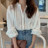 Pbong  White Blouse Women Temperament Korean Tops Stand Neck Long Sleeve Autumn Shirts Hollow Out Loose Blouses