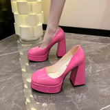 Pbong  Hot Sale Square Heels 10cm Chunky Heels Platform Pumps Double Color Blocking Women Party Dance Pumps