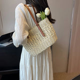 Bohemian Straw Tote Bag with Brown Faux Leather Straps Inner Pouch Spacious Woven Shoulder Purse for Vacation Casual Outings