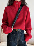 Women's Loose Knitted Pullovers Half Zipper Autumn and Winter Turtleneck Sweaters Casual Comfortable Full Sleeve Top