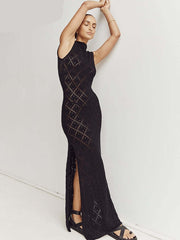 Women Hollow Out Crochet Knitted Dress Beach Slim Sleeveless O Neck Sexy Summer Party Split Maxi Dresses Black