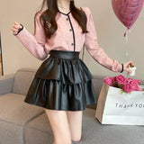 Pbong  Black PU Leather Pleated Skirts Female Korean Cute Ruffles Cascading Cake Skirts Women High Waisted Slimming Puffy A-Line Skirt