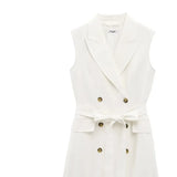 Fashion Simple Slim Fit Blended Short Dress Elegant Solid Color Lapel Summer Dress With Belt Dresses Bouble Breasted Dress