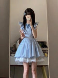 Pbong  Cute Sweet Blue Plaid Dress Women Elegant 3D Floral Flying Sleeve Mini Dress Japan Vintage Slim Kawaii Lace Patchwork Dress