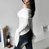 Fashion sexy slash-neck neck backless long sleeve T-shirt for women spring autumn solid color slim stacked trumpet sleeve tops