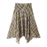Pbong  Women New Design Asymmetric Hem A-line Mid-rise Plaid Midi Skirts Thin faldas mujer