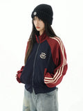 American Retro Striped Zip Up Hoodies Long Sleeve Patchwork Sweatshirt Sporty Jacket Preppy Style Track Clothes Autumn