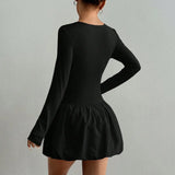 Pbong  New Autumn And Winter Women Slim Long-Sleeve Dress Round Neck Puffy Dress Solid Color Black Fashion Elegant Dress
