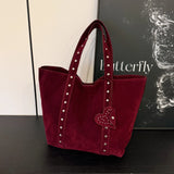 Pbong  New Faux Suede Casual Tote Bags Large Capacity Rivet Vintage Handbags Designer Elegant Solid Retro Shoulder Bags