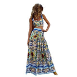 Sexy Elegance Spring Summer Women's Clothing Floral Print Halter Dress Set Beach Skirt Two-Piece Polyester Long Cake Ski...