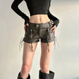 Pbong  Safari Style Bandage Pu Leather Shorts Sexy Slim Pocket Low-Waisted Shorts Women Summer Fashion Streetwear Punk Style Lady