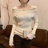 Women Off the Shoulder Sweater Top Ribbed Knit Long Sleeve Pullover Fitted Plain Jumper Ladies Fall Winter Elegant Outfit