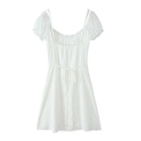 Pbong  Sweet White Ruched Chest Spliced Lace Short Sleeve Mini Dress Women Bow Sashes Back Sling Strap Mini Dresses Party Robe