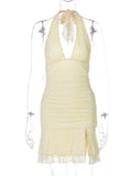 Halter Backless Sexy Mini Dress Women Summer New Solid Lace V Neck Sleeveless High Waist Ruched Split Club Dress