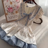 Pbong  Summer Floral Lace Chic Dress Women Square Neck Puff Sleeve Bow High Waist Princess Dress Sweet Cute Elegant Casual Party Dress