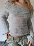 Women's Y2K Cute Off Shoulder Sweaters Chest Folding Slash Neck Flare Long Sleeve Slim Fit Knitted See-through Tops