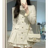 Sweet Tweed Mini Dress Women Elegant Ruffles Pleated A Line Dresses Vintage Korean Party Patchwork Bodycon Vestidos New