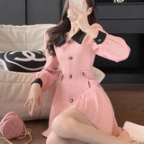 Pbong  Pink Contrast Color Button Splice Dress Women's Spring Autumn Slimming Long Sleeve Short A- Line Skirt High Waist Elegant