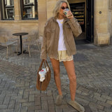 Chic Suede Women Bomber Jacket Women Long Sleeve Pockets Straight Loose Coat Fashion 2025 Fall Winter Streetwear Outwear