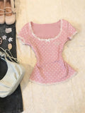 2000s Harajuku Vintage Sweet Top Y2k Japanese Style Kawaii Slim T Shirts Women Korean Fashion Polka Dot Short Sleeve Tees Summer
