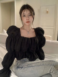 Preppy Youthful Elegant Cropped Blouses Women Korean Dongdaemun Puff Long Sleeve Ruffle Top Luxury High Quality 2024