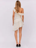 Chiffon Mesh Backless Sexy Mini Dress For Women Oblique Shoulder Sleeveless Ruffle Club Party Drape Dress Elegant