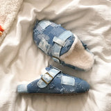 Pbong Fringe Tassel Denim Fleece Flats Shoes Women Winter Short Plush Jeans Patchwork Fashion Slippers Round Toe Warm Unisex Slidess