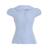 y2k Plaid Shirt Women Coquette Clothing Lapel Collar Short Sleeve Button Closure Blouse Tops 2000s Clothes Streetwear