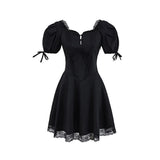 Pbong  Solid Slimming Spliced Lace Dresses for Women Square Neck Short Sleeves Patchwork Folds Tunic Dress Female Clothing