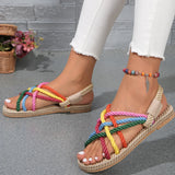 Pbong  Women Rainbow Color Braided Rope Flat Heel Sandals Outdoor Casual Slip On Slides Sandals Woman Plus Size 43 Beach Vacation Shoes