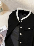 Black Slim Elegant Tweed Jacket Women Vintage Lace Patchwork Long Sleeve Sweet Coat Fall Winter French Casual Retro Tops