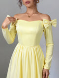Pbong  Sweet Elegant Women Spring Summer Light Yellow One Shoulder Bow Dress Long Sleeve Waist Slimming Medium Length Princess Dress