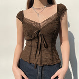 Lace-up Lace Patchwork Y2K Top Short Sleeve Summer Casual Cute Clothes Vintage Tank Tops Coquette T-shirt Women Tees