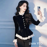 Women's Black Velvet Shirt 2025 Spring Autumn Be All-match High-grade Ladies Blouse Long Sleeve Comfortable Slim Lady Tops