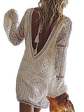 Pbong  Women's Lace White Dress Long Lantern Sleeve Deep V-neck Backless Mini Dress Casual Elegant Fall Dresses