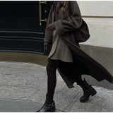 Elegant Grey Belt Long Faux Wollen Coat Women Lapel Double Breasted Street Coats Female 2025 Autumn Winter New Lady Peacoat