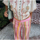 Pbong  Multicolor Striped Linen-Blend Wide Leg Pants High-Waisted Lightweight Spring Summer Chic Boho Women Vacation Casual Outfit
