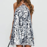 Pbong  Women Sparkly Sequin Halter Mini Dress Elegant Backless Disco Party Dress Summer Sexy Night Out Cocktail Club Dress