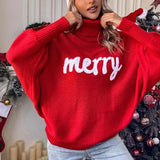 Pbong  Christmas Fashion Autumn Winter Knit Sweaters Turtleneck Sweater Women Elegant Merry Letter Print Long Sleeve Pullovers Female