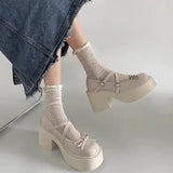 Pbong  Knot High Heel Mary Jane Single Shoes Women's Summer New Japanese Style JK Heightening French Leather Shoes Women