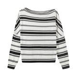 Off Shoulder Striped Knit Top for Women Long Sleeve Off-the-Shoulder Pullovers Jummper Ladies Fall Winter Korean Fashion Outfit