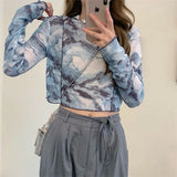 Long Sleeve T-shirts Women Tie-dye Printed Summer Sun-proof Cropped Tops Fashion High Street Gauze Korean Style Chic Teens Retro