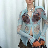 Vintage Printed Women Blouse Y2K Sexy Slim Long Sleeve Thin Tops Korean Streetwear Patchwork Chic Ladies Shirts New