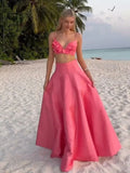Elegant Flower Sleeveless Sling Dress Set Sexy Backless High Waist Solid A-line Dress Suit Women Fashion Evening Vestdios